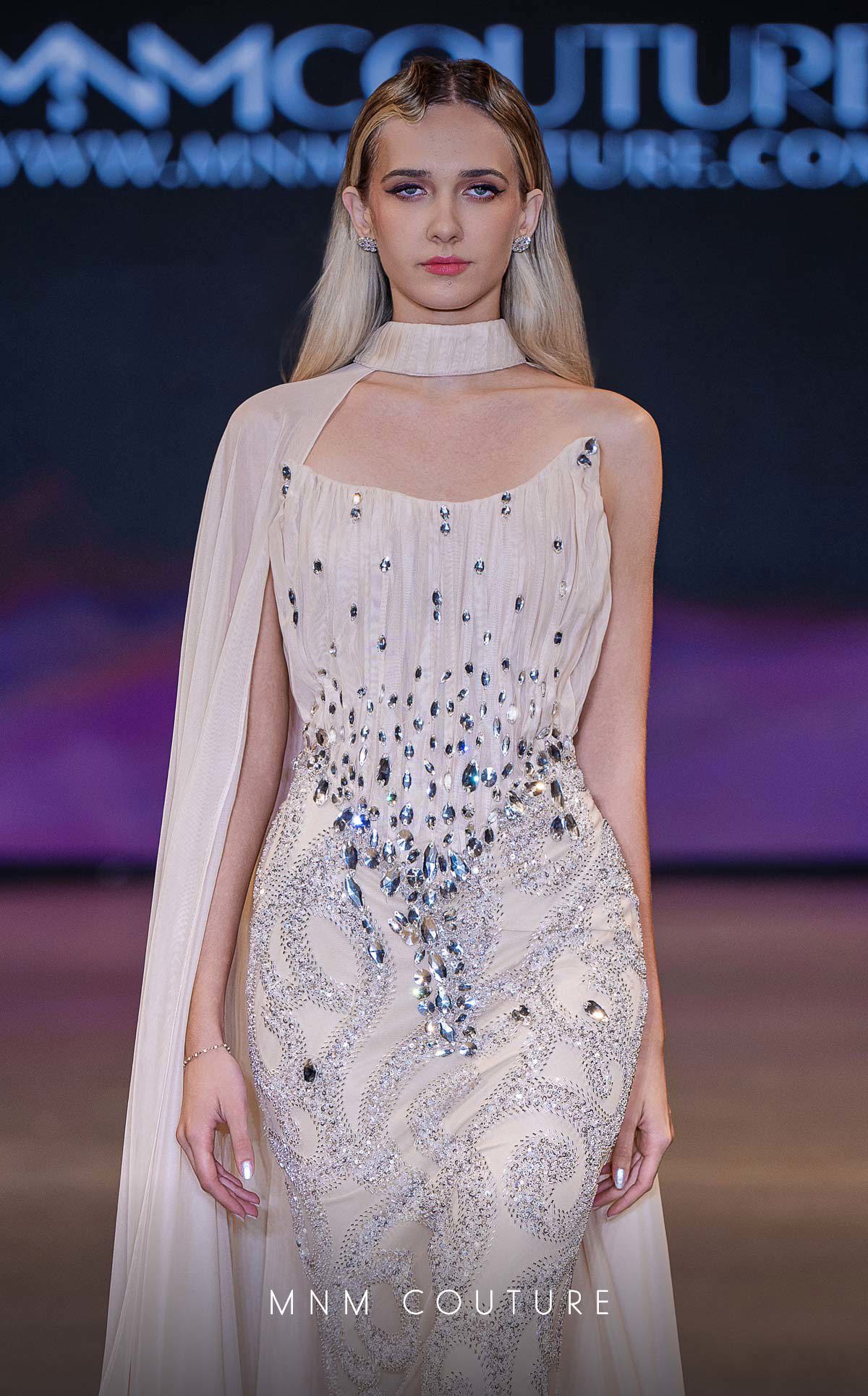 MNM Couture J03590 Gold Embellished Strapless Chiffon Cape Gown