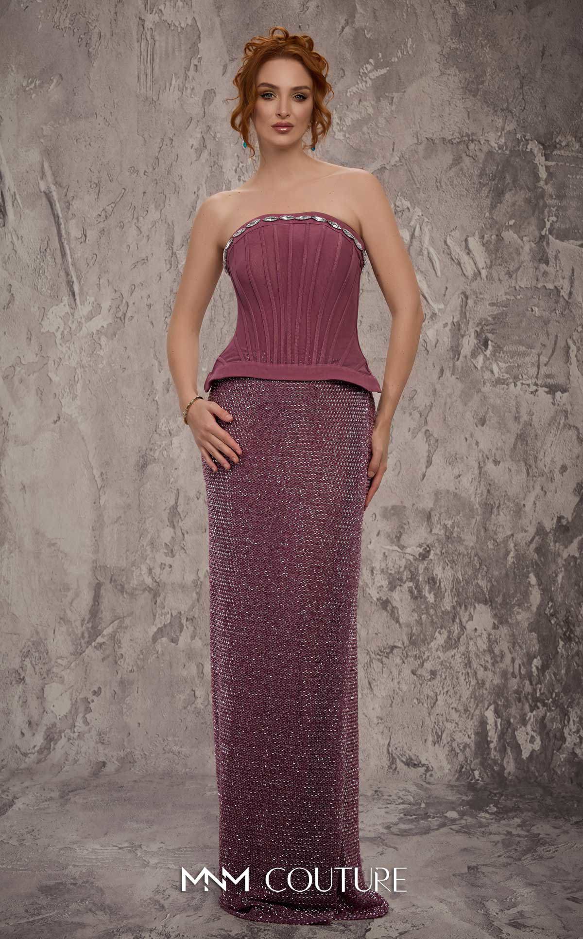 MNM Couture J03595 Purple Strapless Beaded Column Gown with Olivia Corset