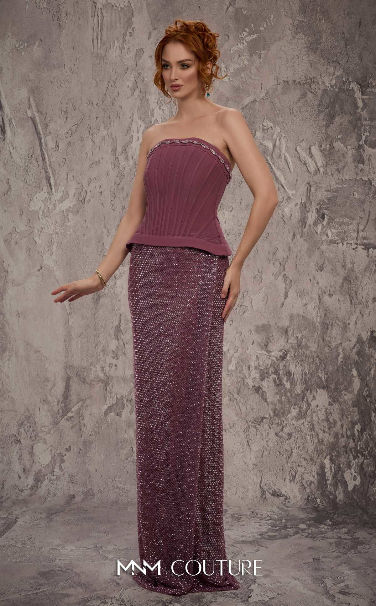 MNM Couture J03595 Purple Strapless Beaded Column Gown with Olivia Corset