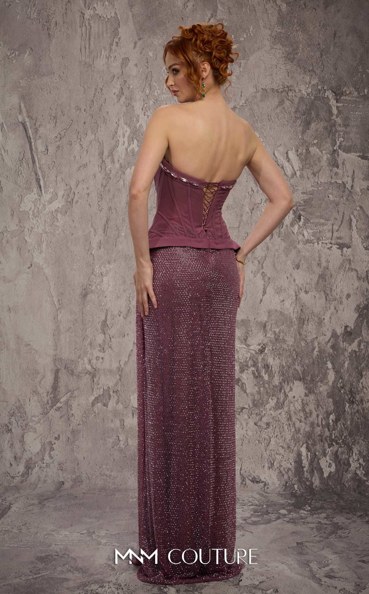 MNM Couture J03595 Purple Strapless Beaded Column Gown with Olivia Corset
