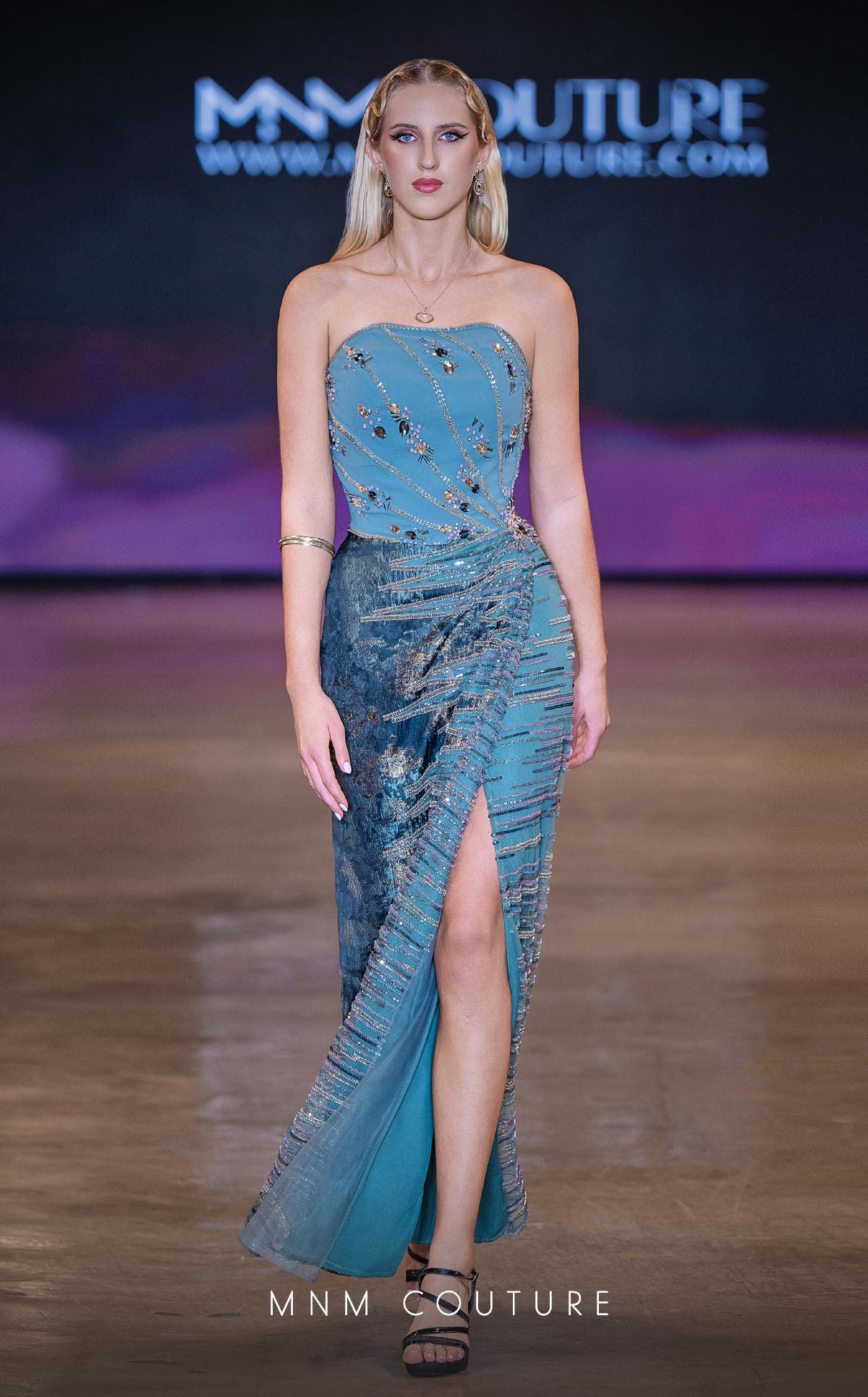 MNM Couture J03597 Blue Strapless Embellished Crystal Bodice Slit Gown