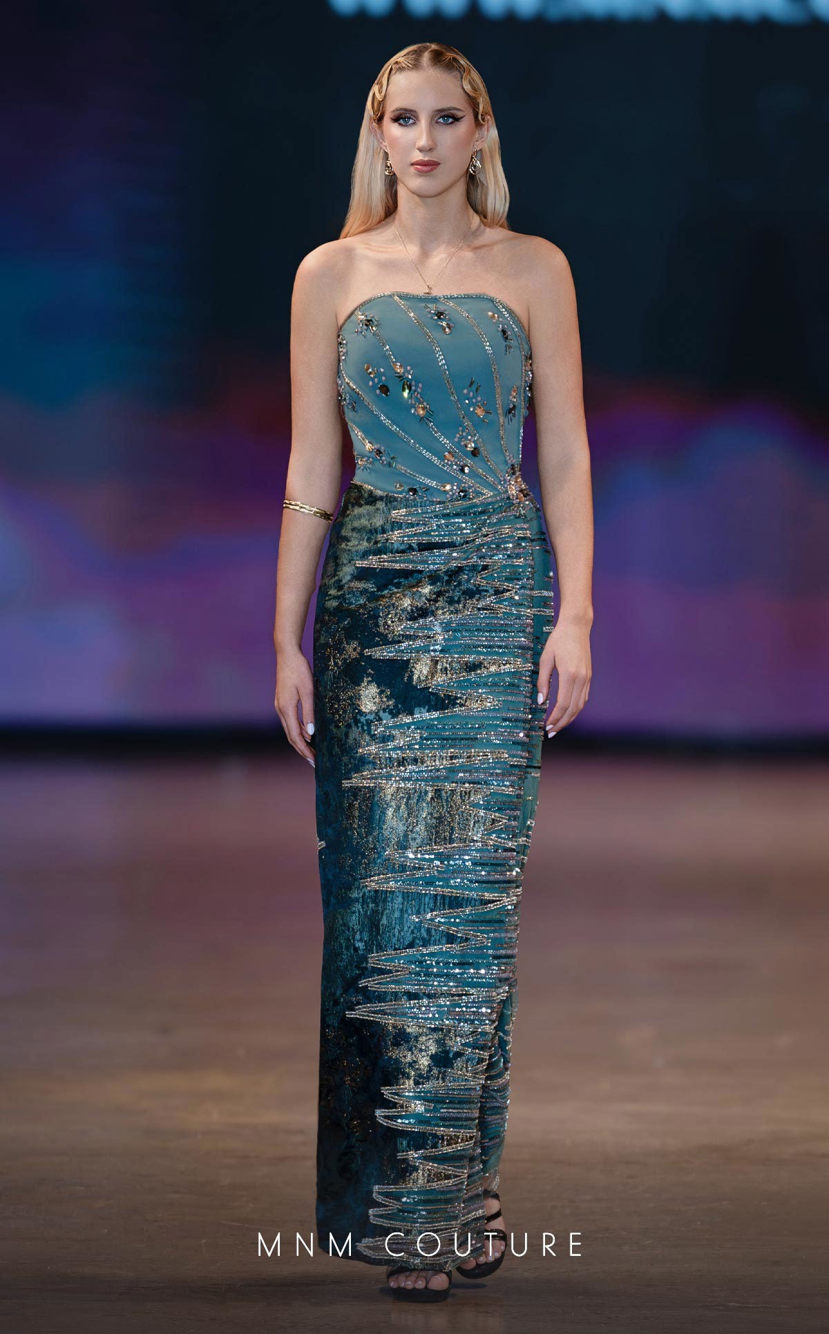 MNM Couture J03597 Blue Strapless Embellished Crystal Bodice Slit Gown