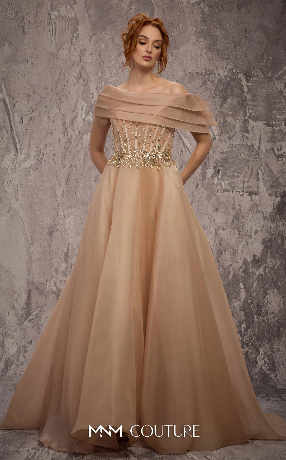 MNM Couture J03599 Gold Crystal Organza Off-the-Shoulder Ballgown