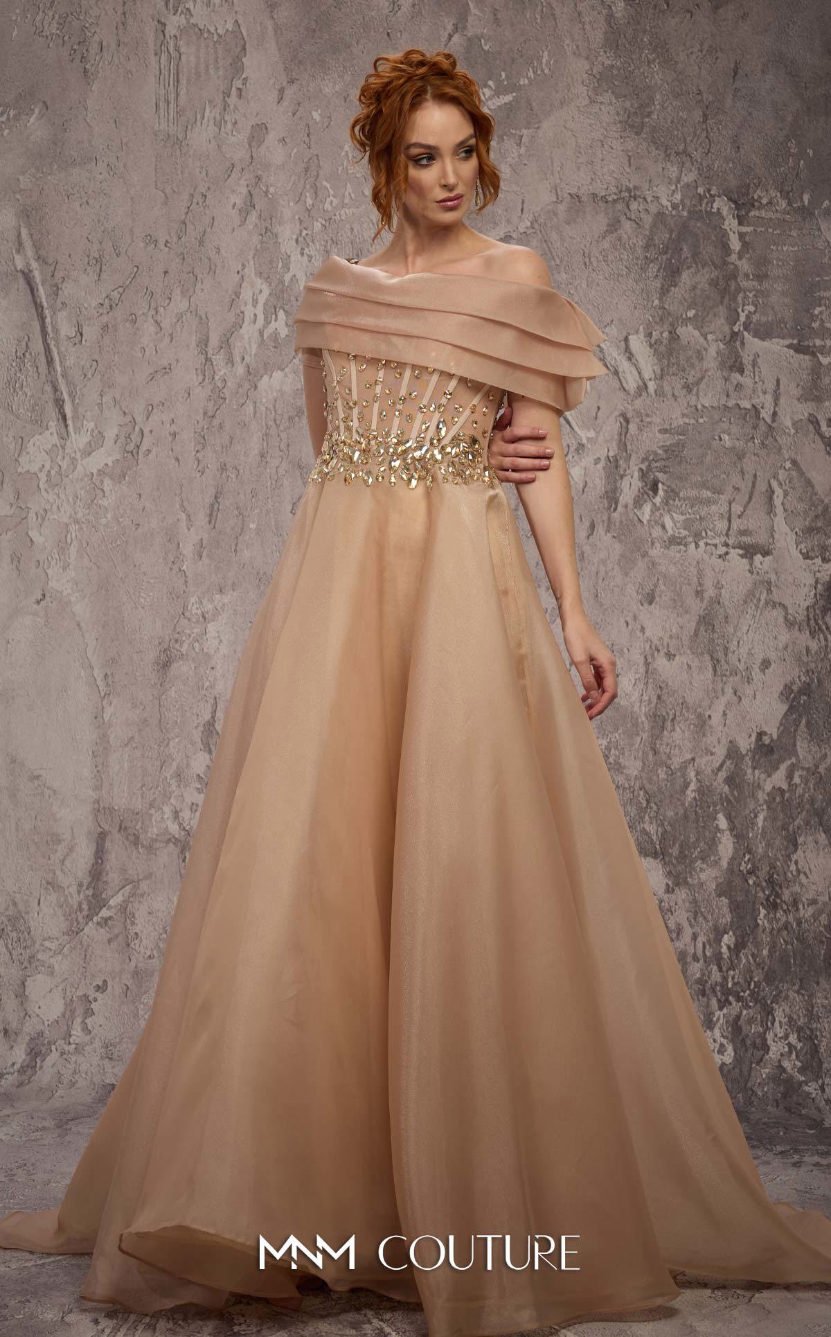 MNM Couture J03599 Gold Crystal Organza Off-the-Shoulder Ballgown