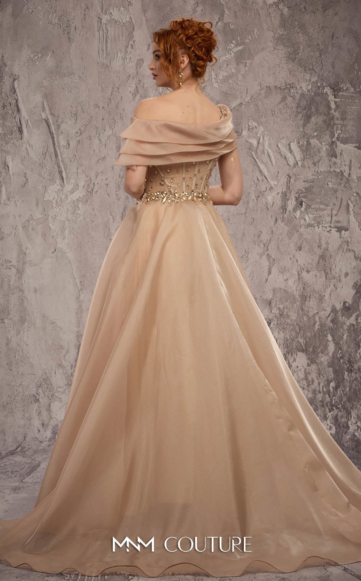 MNM Couture J03599 Gold Crystal Organza Off-the-Shoulder Ballgown