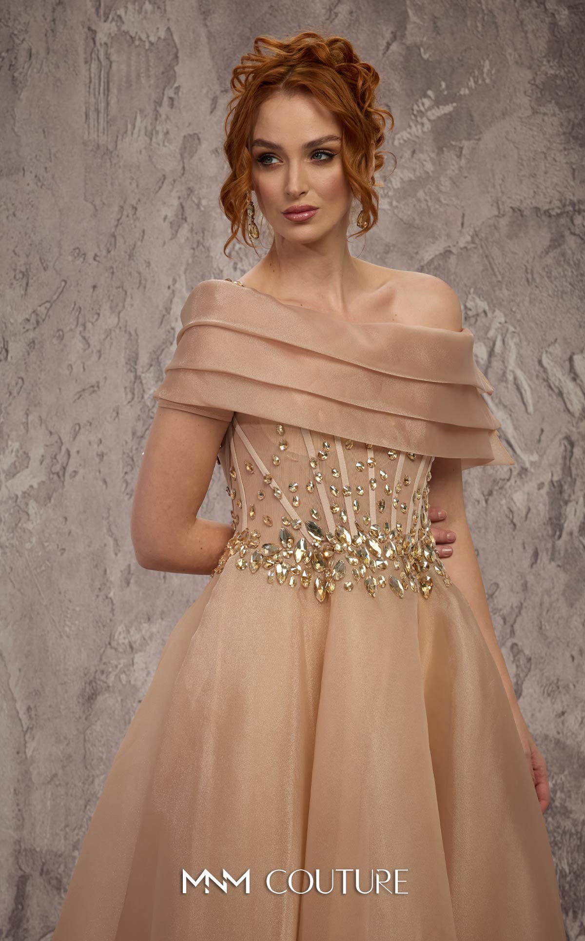 MNM Couture J03599 Gold Crystal Organza Off-the-Shoulder Ballgown