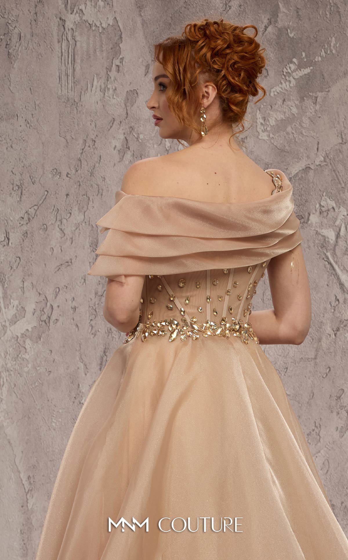 MNM Couture J03599 Gold Crystal Organza Off-the-Shoulder Ballgown