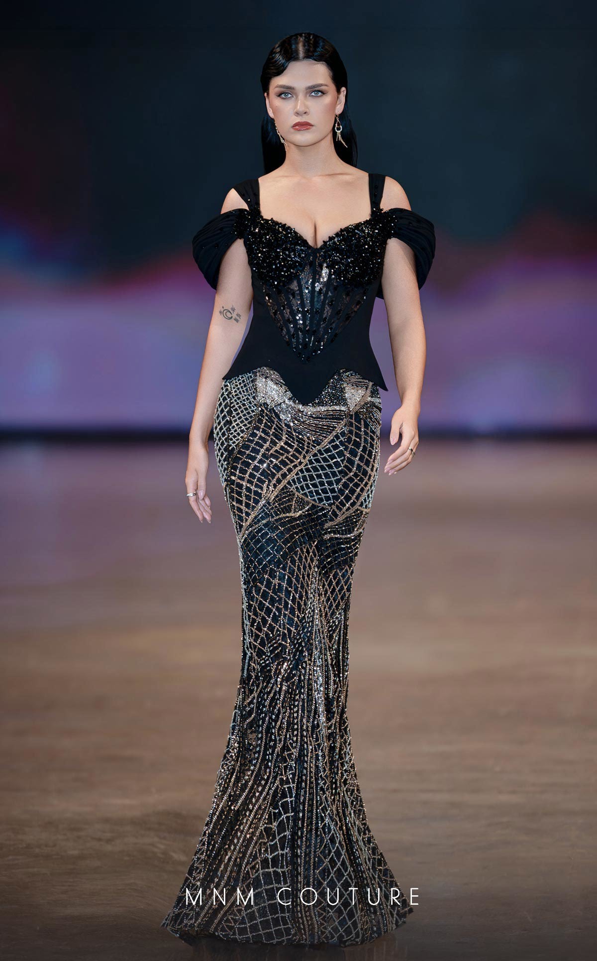 MNM Couture J03603 Black Beaded Corset Style Off-Shoulder with Straps Mermaid Gown