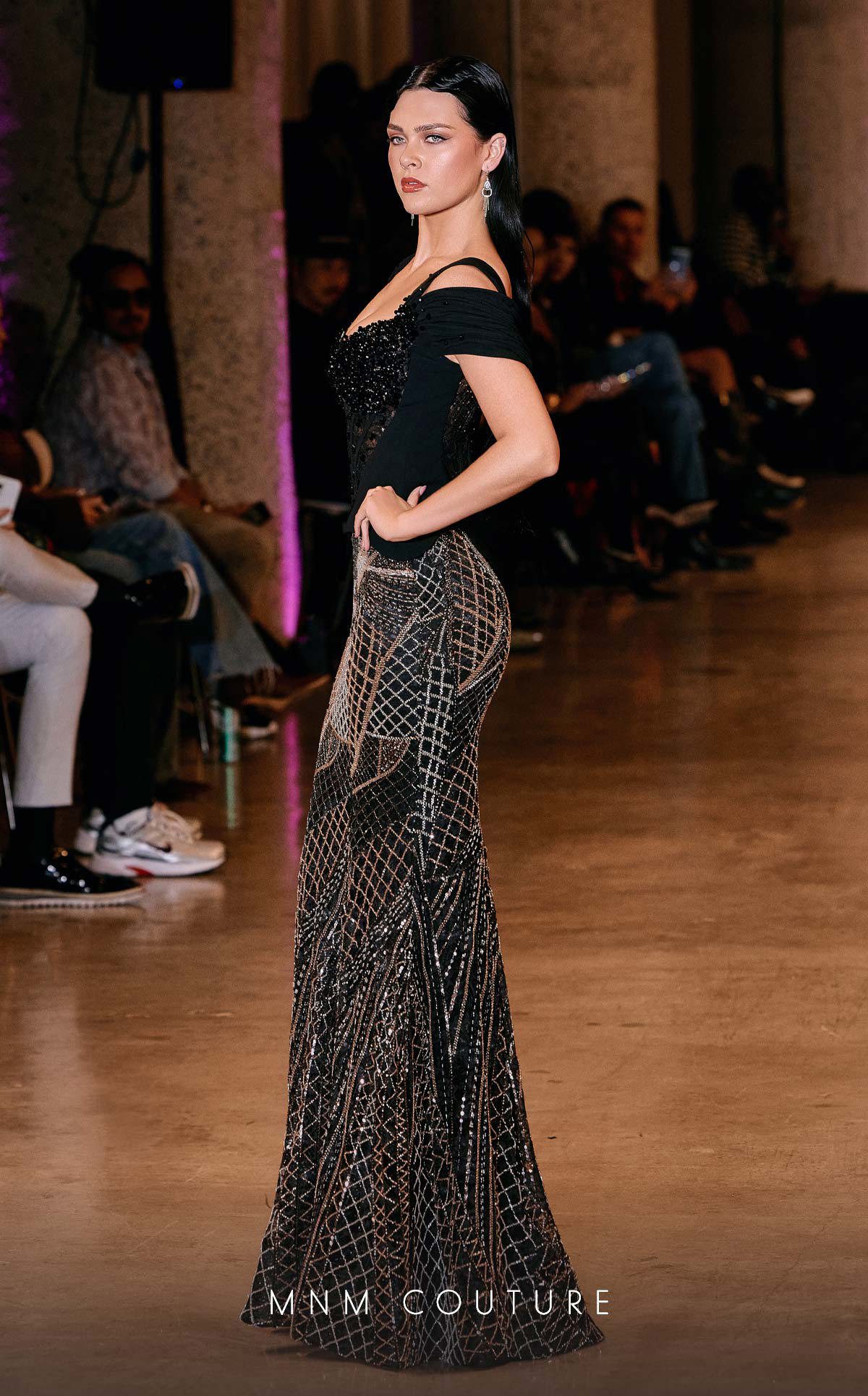 MNM Couture J03603 Black Beaded Corset Style Off-Shoulder with Straps Mermaid Gown
