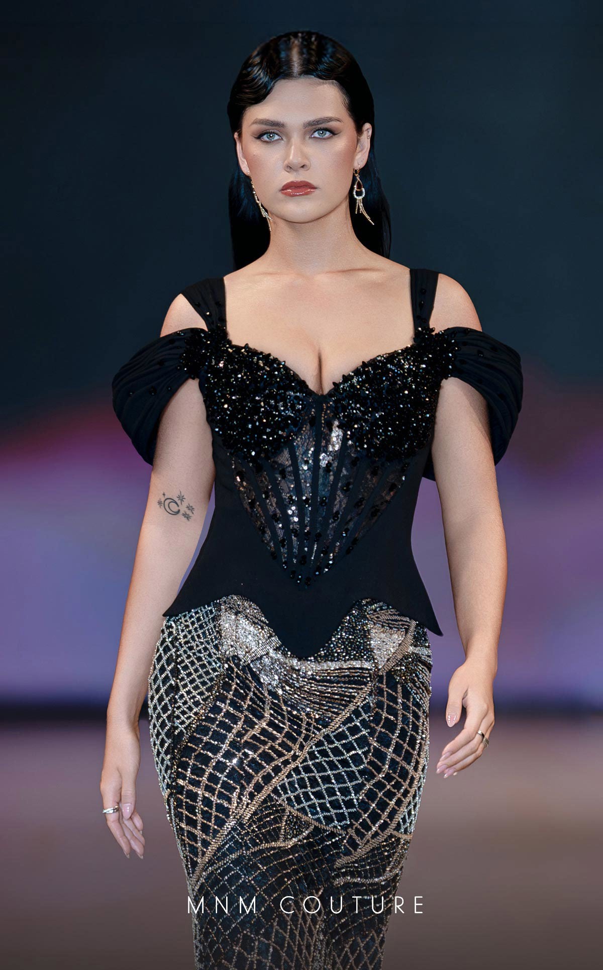 MNM Couture J03603 Black Beaded Corset Style Off-Shoulder with Straps Mermaid Gown