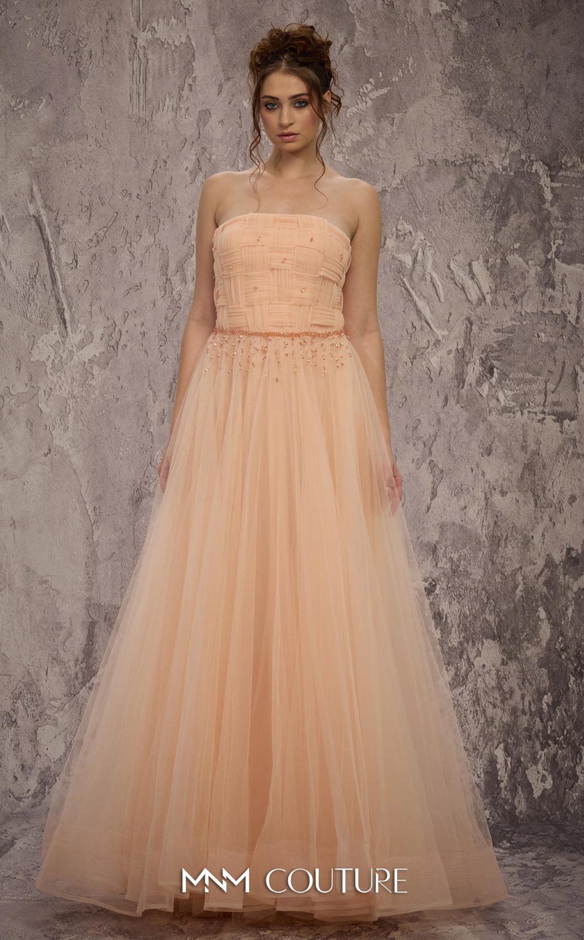 MNM Couture J03604 Gold Strapless Basket-Weave Organza A-line Gown