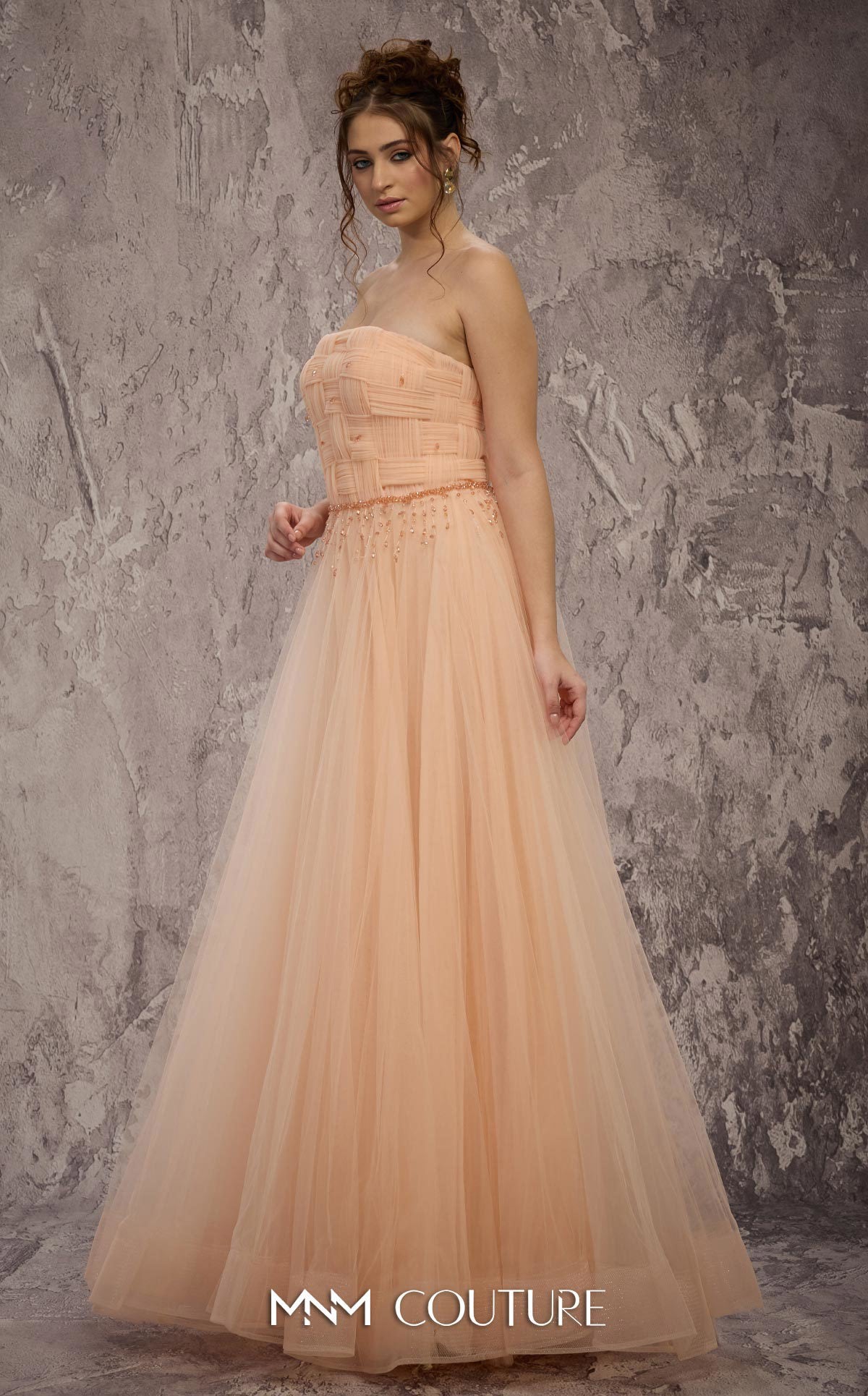 MNM Couture J03604 Gold Strapless Basket-Weave Organza A-line Gown