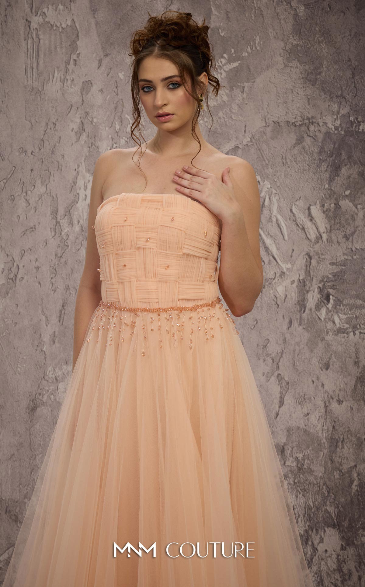 MNM Couture J03604 Gold Strapless Basket-Weave Organza A-line Gown