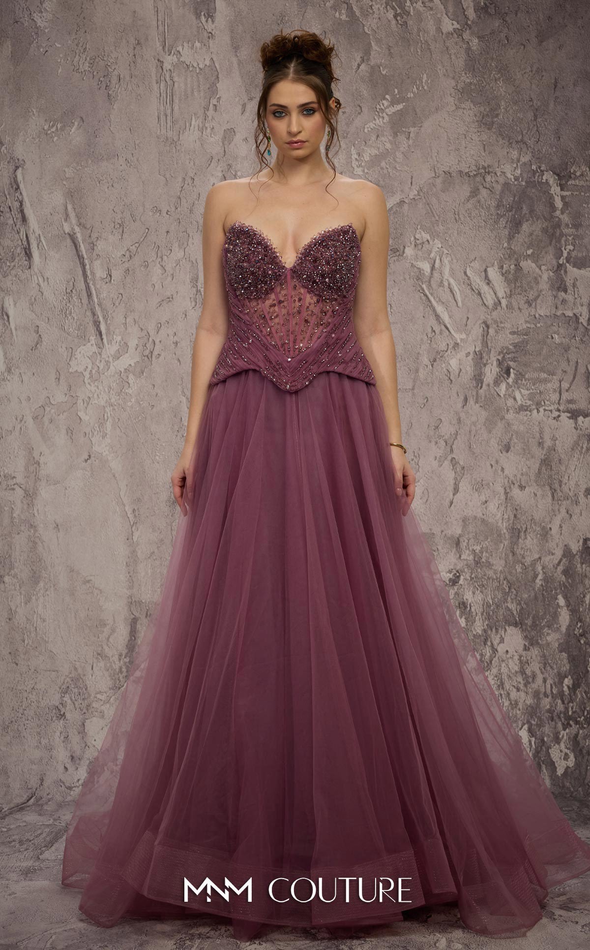 MNM Couture J03608 Purple Beaded Strapless Sweetheart A-line Organza Gown