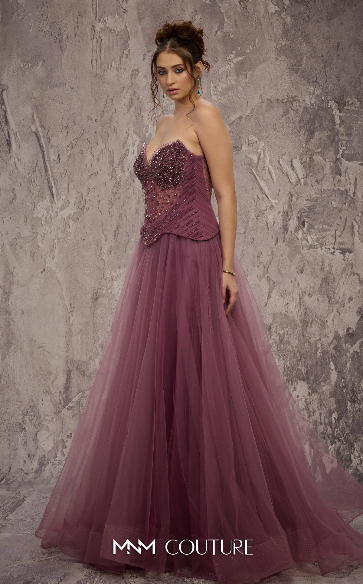 MNM Couture J03608 Purple Beaded Strapless Sweetheart A-line Organza Gown