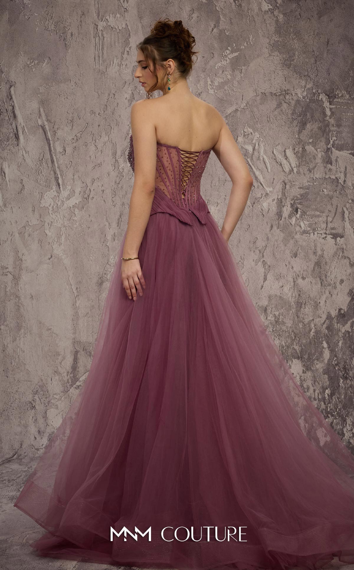 MNM Couture J03608 Purple Beaded Strapless Sweetheart A-line Organza Gown