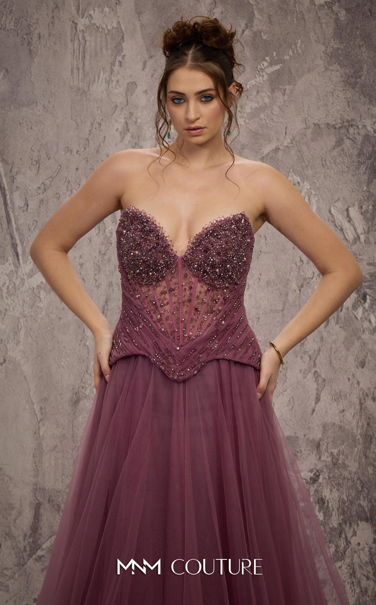 MNM Couture J03608 Purple Beaded Strapless Sweetheart A-line Organza Gown