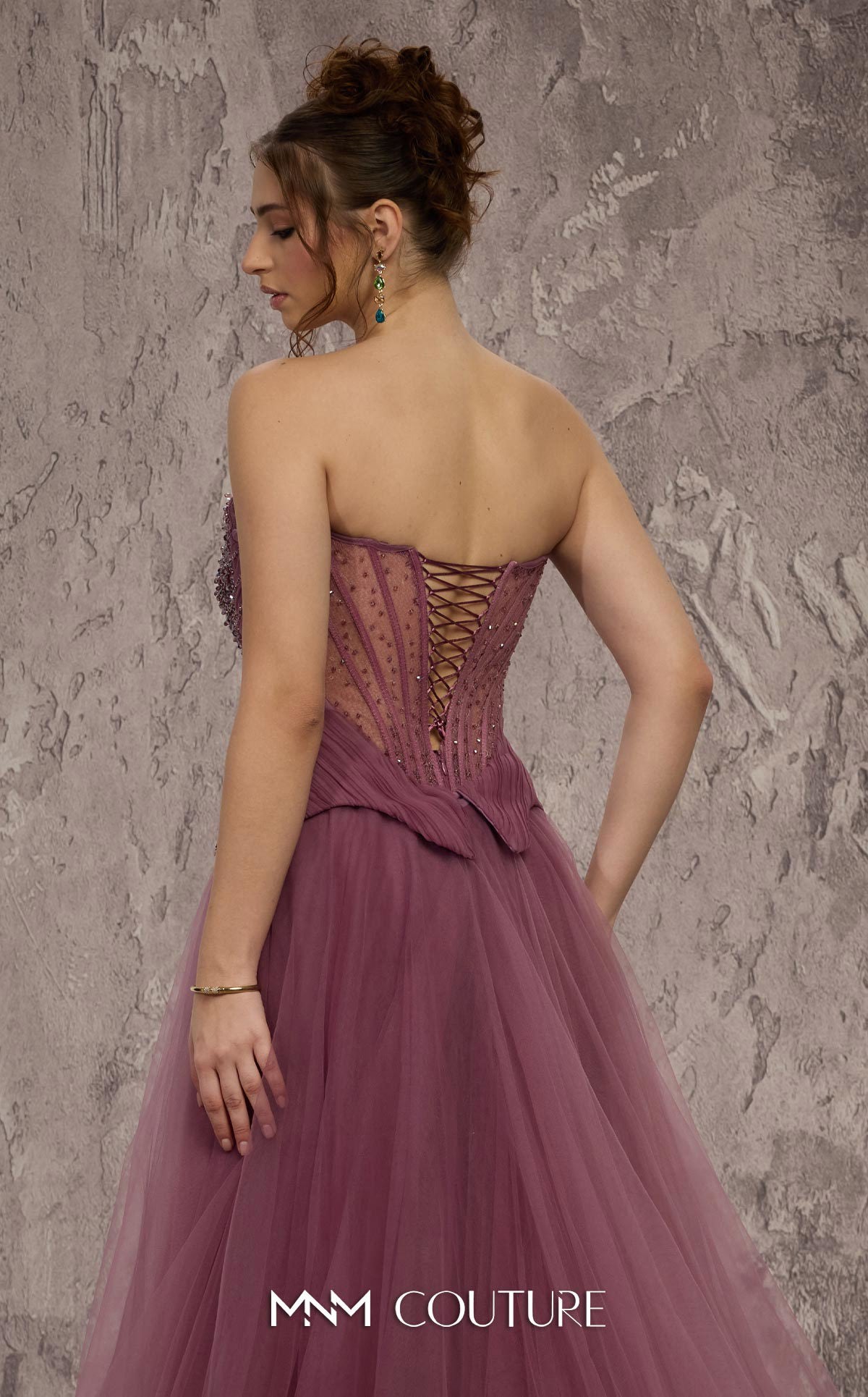 MNM Couture J03608 Purple Beaded Strapless Sweetheart A-line Organza Gown