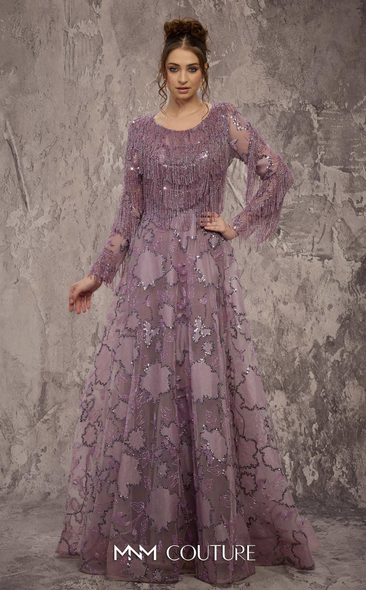 MNM Couture J03621 Purple Long Sleeves Fringe Beaded A-Line Gown