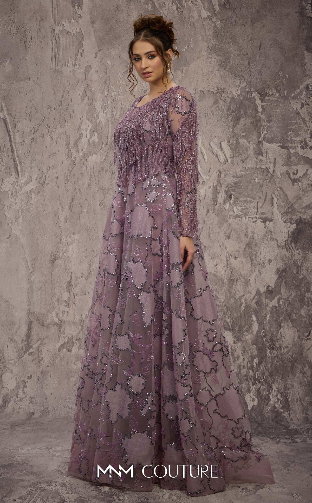 MNM Couture J03621 Purple Long Sleeves Fringe Beaded A-Line Gown