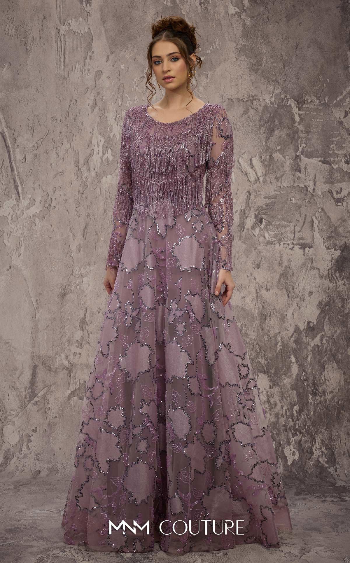 MNM Couture J03621 Purple Long Sleeves Fringe Beaded A-Line Gown