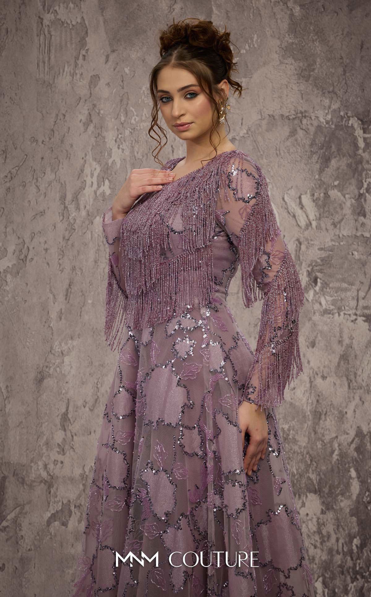 MNM Couture J03621 Purple Long Sleeves Fringe Beaded A-Line Gown