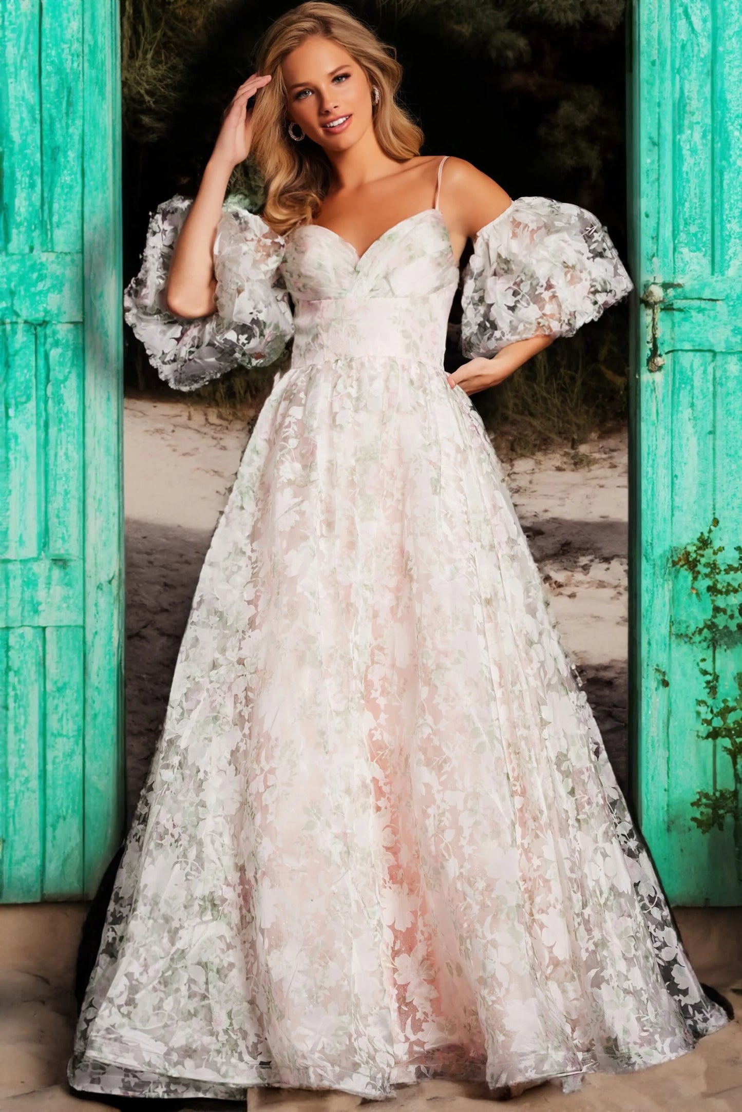 Jovani 37531 Puff Sleeve Floral A Line Gown