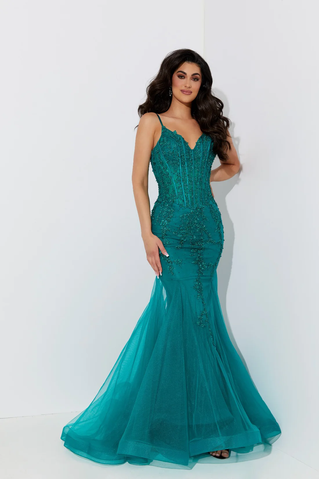 Jasz 7539 High Neckline Lace up Back Sweep Train Tulle Trumpet Evening Dress B Chic Fashions Long Dress Evening Gowns