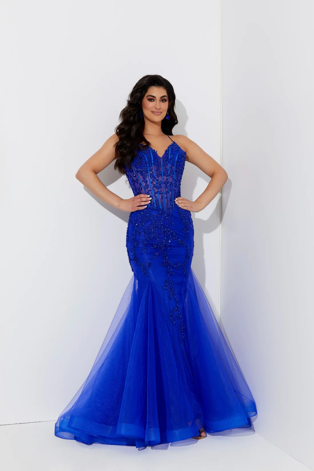 Jasz 7539 High Neckline Lace up Back Sweep Train Tulle Trumpet Evening Dress B Chic Fashions Long Dress Evening Gowns
