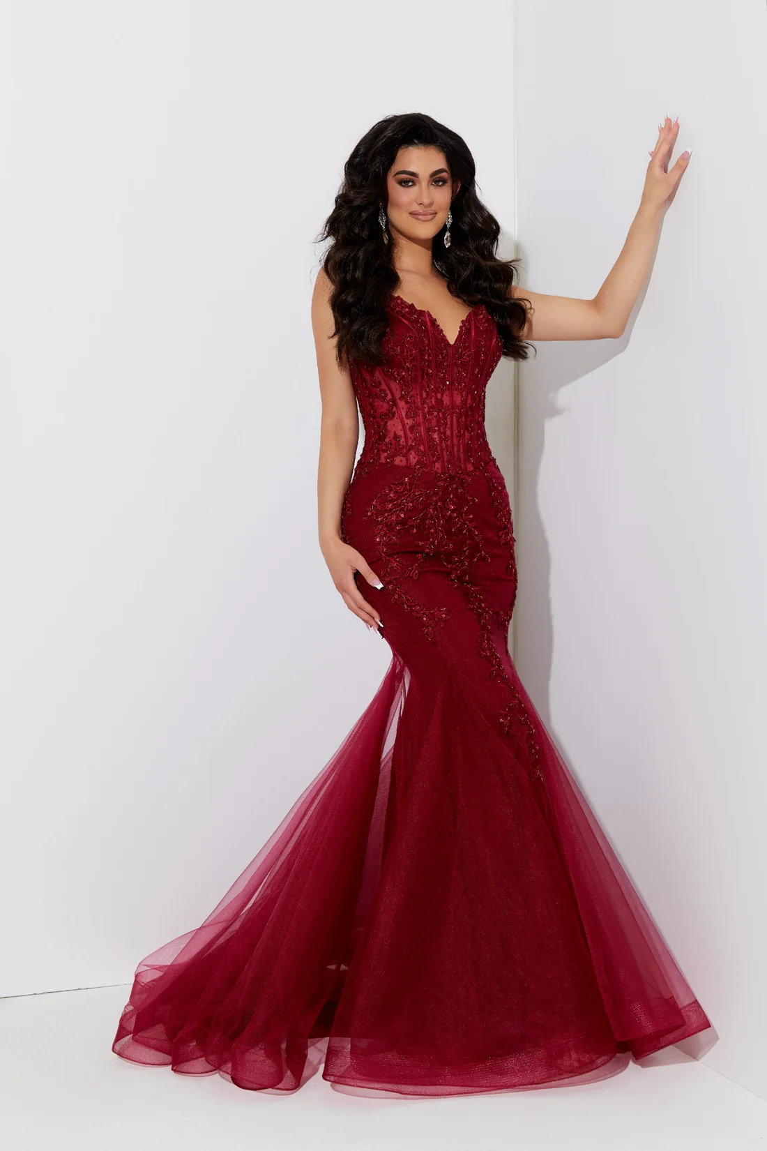 Jasz 7539 High Neckline Lace up Back Sweep Train Tulle Trumpet Evening Dress B Chic Fashions Long Dress Evening Gowns