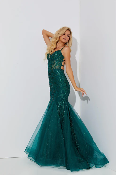 Shop Jasz 7557 V-Neck Neckline Lace up Back Corset Tulle Mermaid Evening Dress – B Chic Fashions