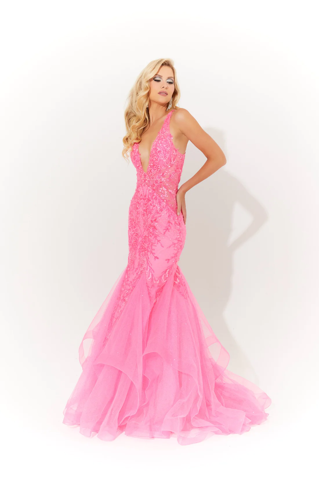 Shop Jasz 7571 Plunge Neckline Open Back Train Tulle Mermaid Evening Dress  – B Chic Fashions