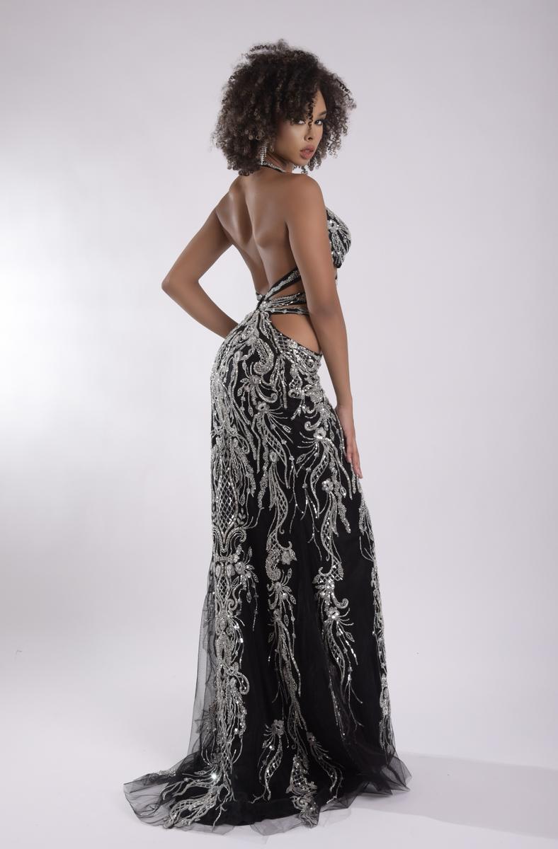 Jasz 7900 Black Halter V-Neckline Sequins Cutout High Slit