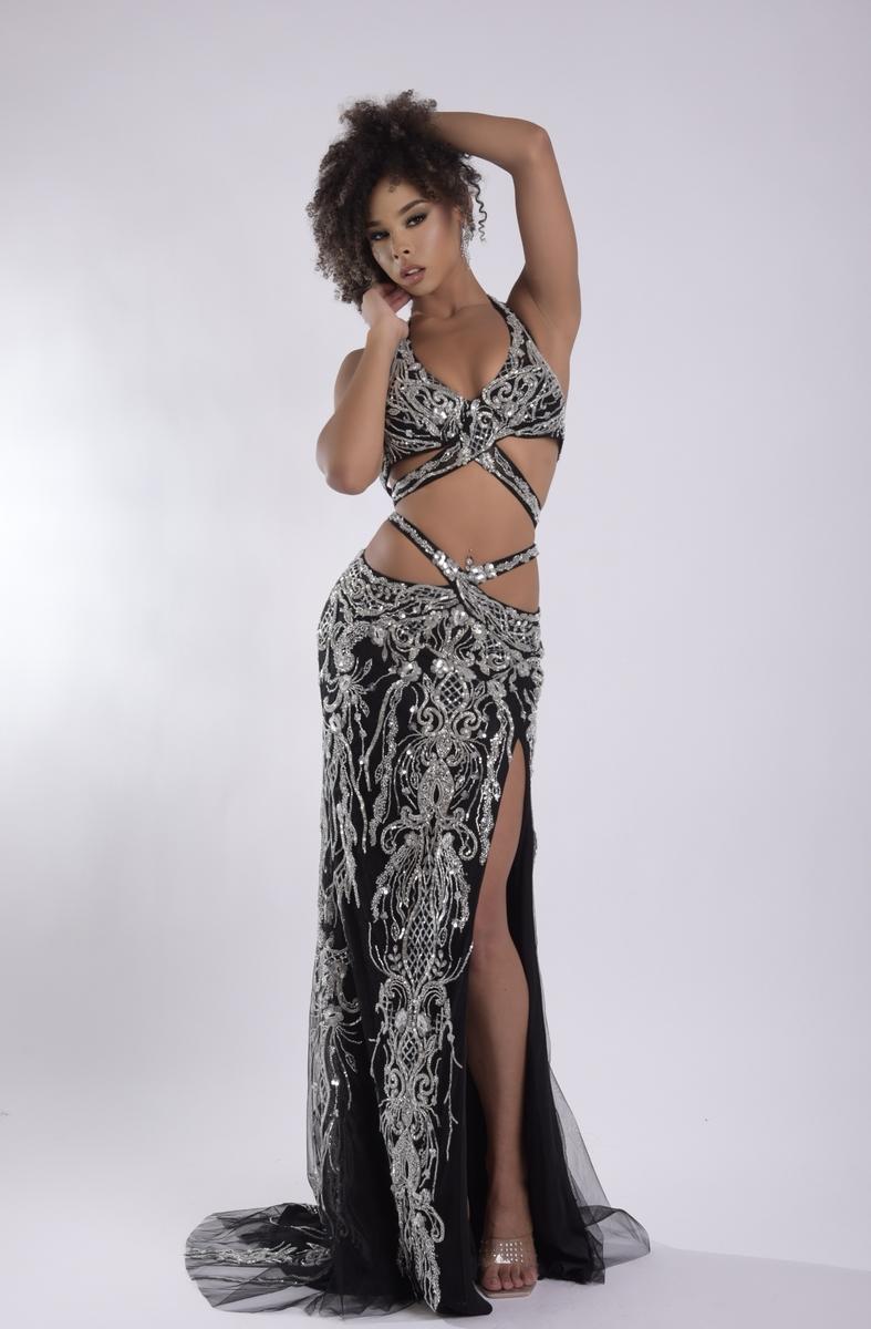 Jasz 7900 Black Halter V-Neckline Sequins Cutout High Slit