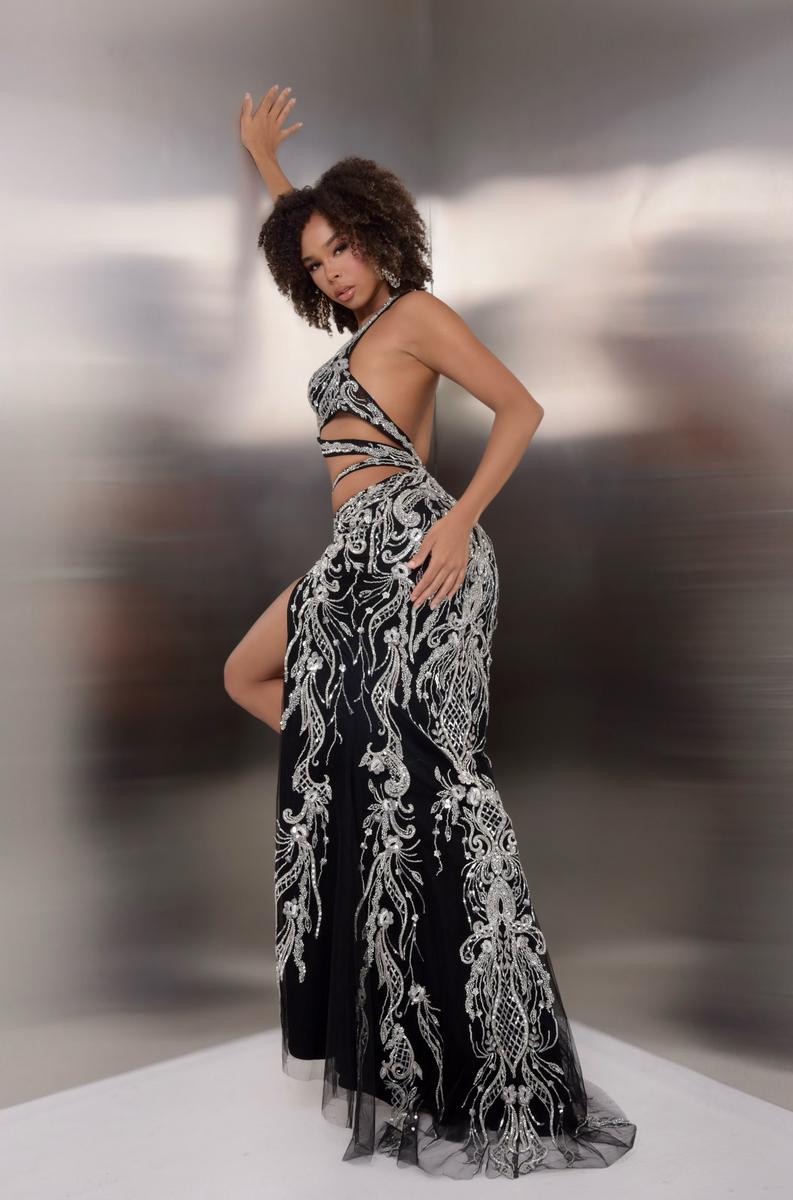Jasz 7900 Black Halter V-Neckline Sequins Cutout High Slit
