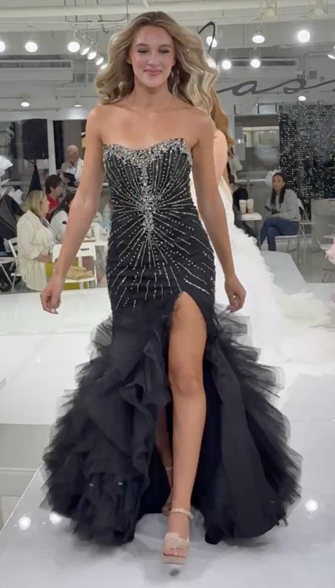 Jasz 7905 Pink Strapless Gown Features Beaded Stone Bustier, High Slit and Tulle Skirt