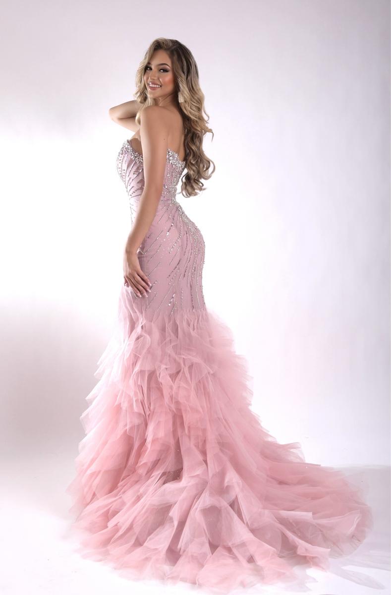 Jasz 7905 Pink Strapless Gown Features Beaded Stone Bustier, High Slit and Tulle Skirt