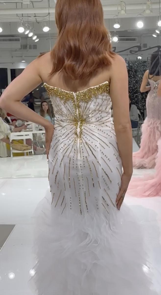 Jasz 7905 Pink Strapless Gown Features Beaded Stone Bustier, High Slit and Tulle Skirt