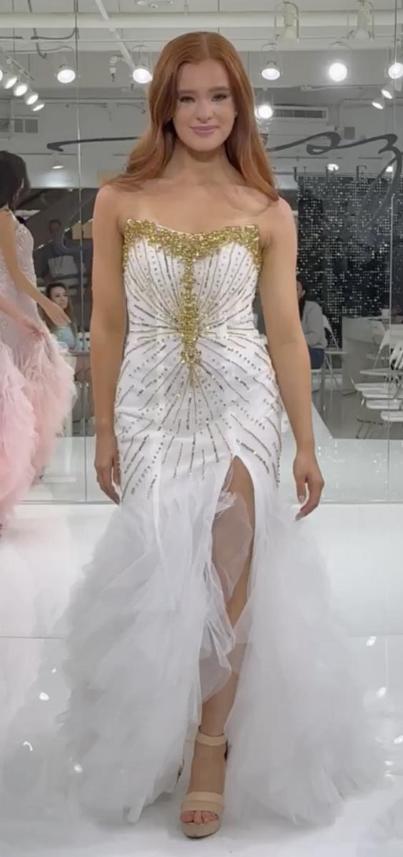 Jasz 7905 Pink Strapless Gown Features Beaded Stone Bustier, High Slit and Tulle Skirt