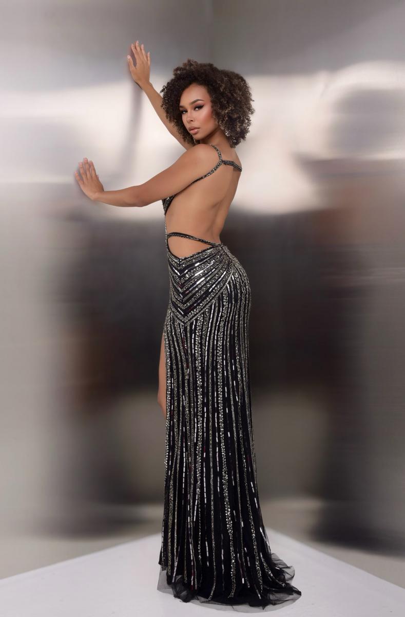Jasz 7906 Black Sequin Embellish Sleeveless V-neckline Dress, Cutouts and High Slit