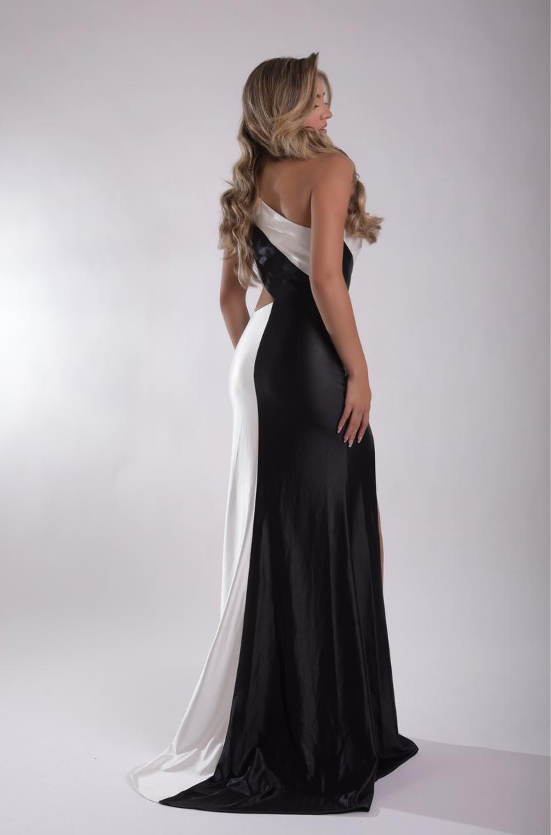 Jasz 7907 Black Red One-Shoulder Keyhole Neckline Dress features Cutout and High Slit