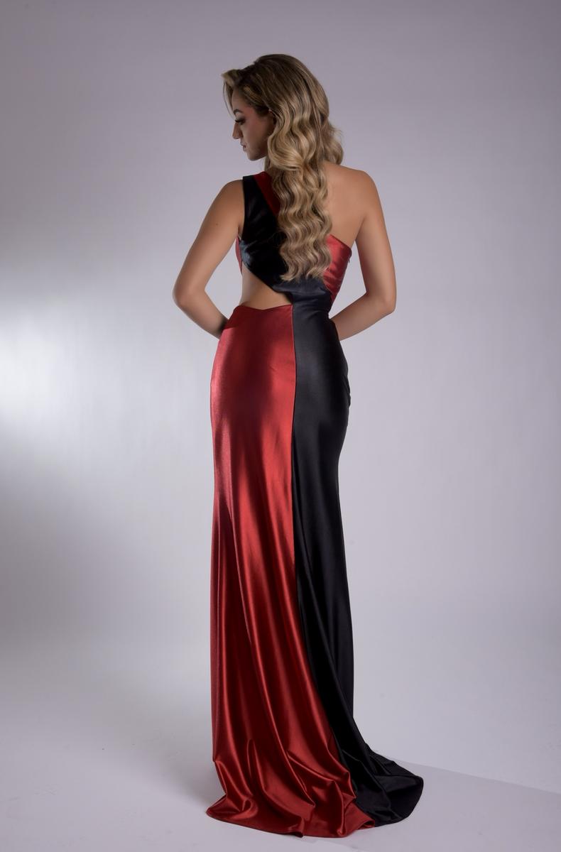 Jasz 7907 Black Red One-Shoulder Keyhole Neckline Dress features Cutout and High Slit