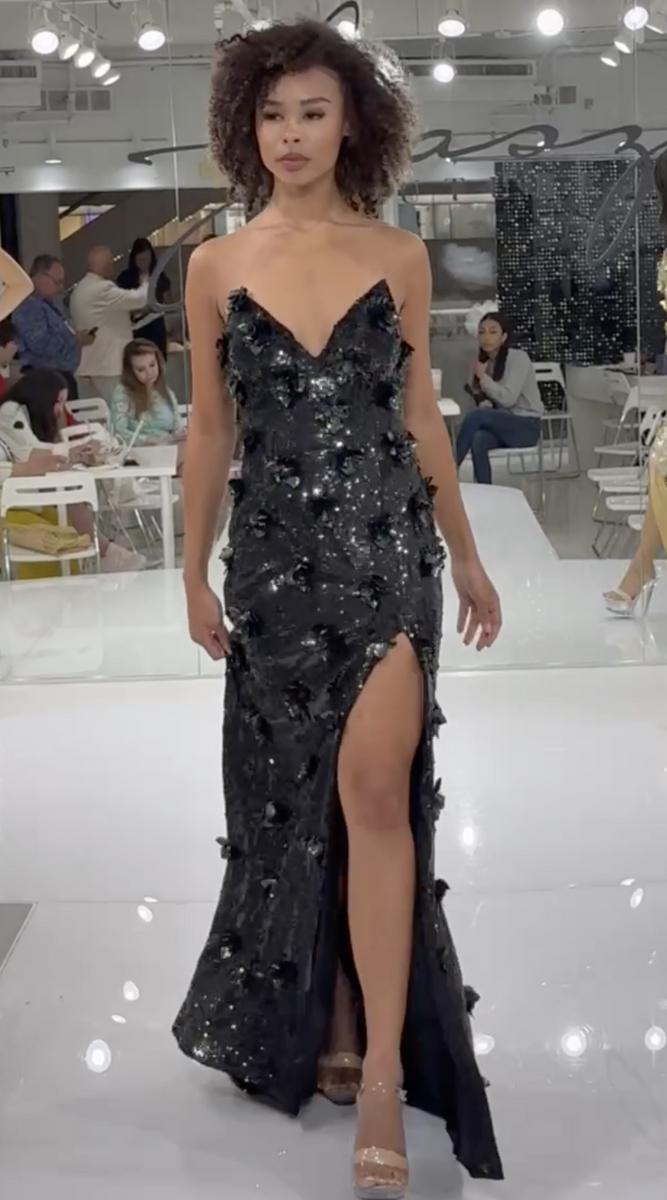 Jasz 7908 Black Strapless V-neckline Sequin Dress, 3D Applique and High Slit