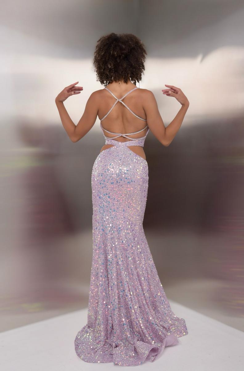 Jasz 7916 Purple Spaghetti Strap Sequin Gown Corset, Cutout and High Slit