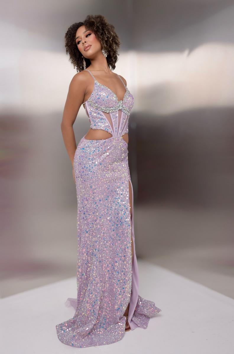Jasz 7916 Purple Spaghetti Strap Sequin Gown Corset, Cutout and High Slit