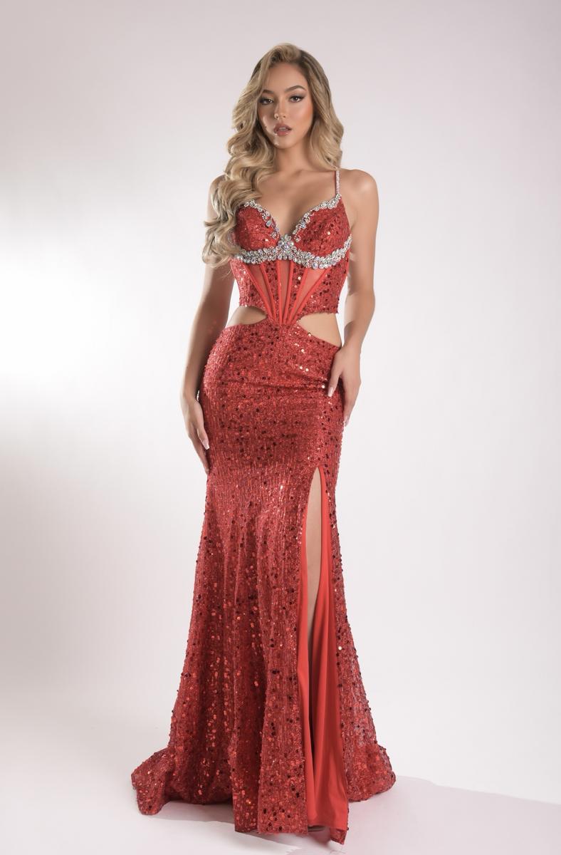 Jasz 7916 Purple Spaghetti Strap Sequin Gown Corset, Cutout and High Slit