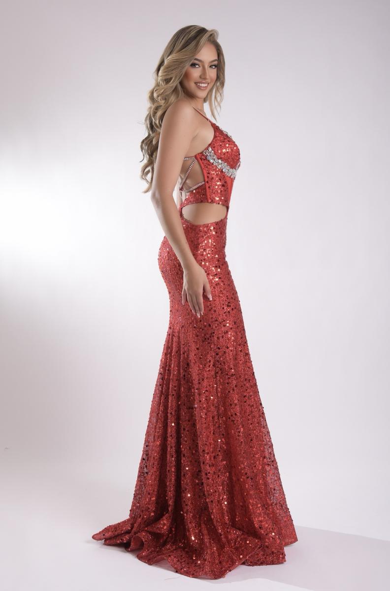 Jasz 7916 Purple Spaghetti Strap Sequin Gown Corset, Cutout and High Slit
