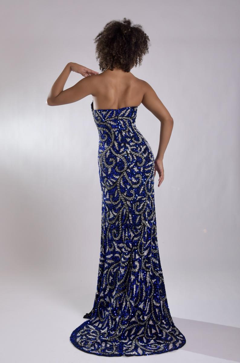 Jasz 7922 Gold Strapless Sweetheart Sequin Gown and High Slit