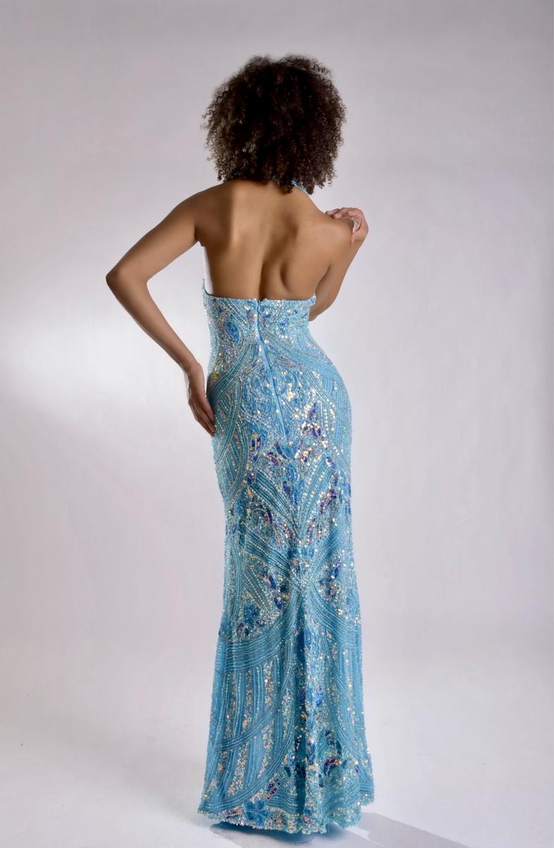Jasz 7967 Blue Beaded Halter V Neckline Sequins and High Slit