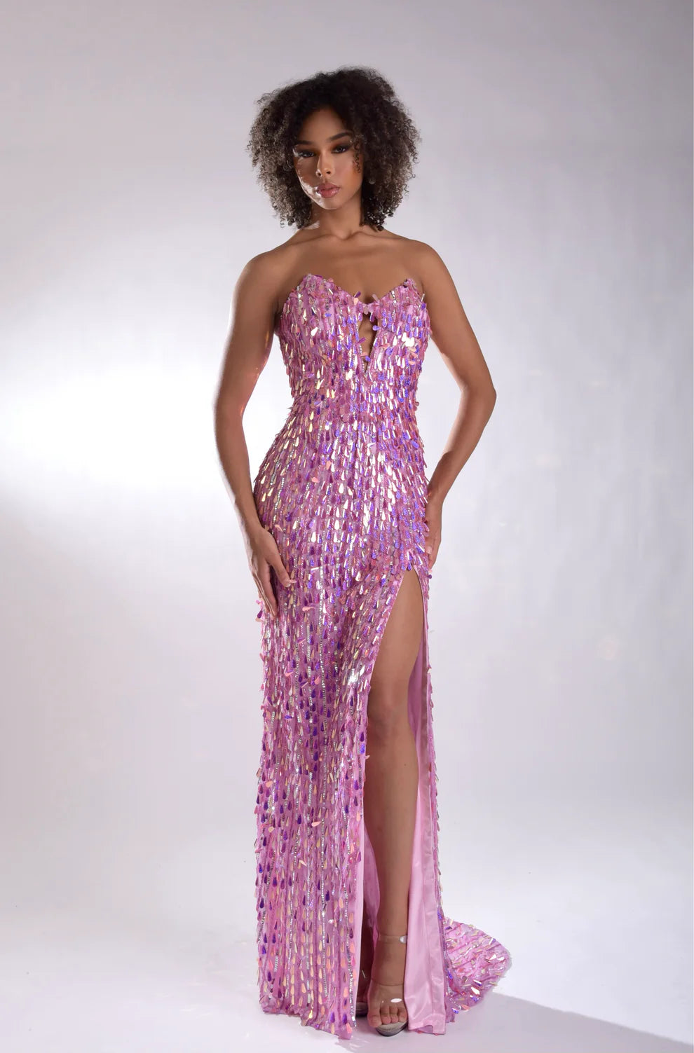 Jasz 7973 Gold Strapless Sequins V-Neckline Keyhole with Slit
